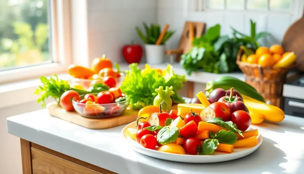 Creative and Wholesome: Healthy Meal Ideas for Kids A colorful meal featuring fresh vegetables and fruits artfully arranged on a kitchen table.