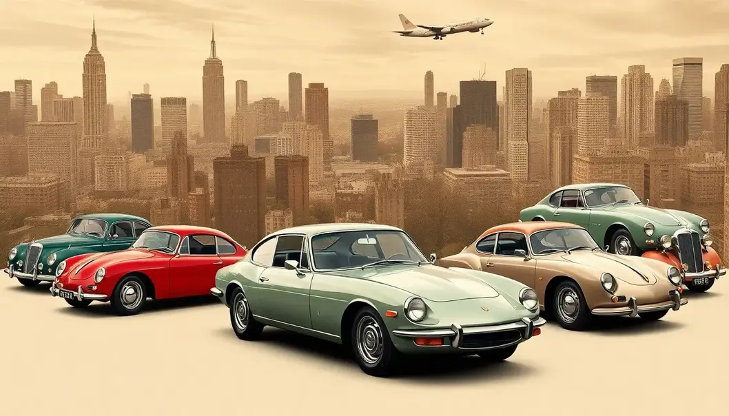 Cars Through the Ages: A Symphony of Style A collage displaying cars from different decades with diverse design styles and city backgrounds.