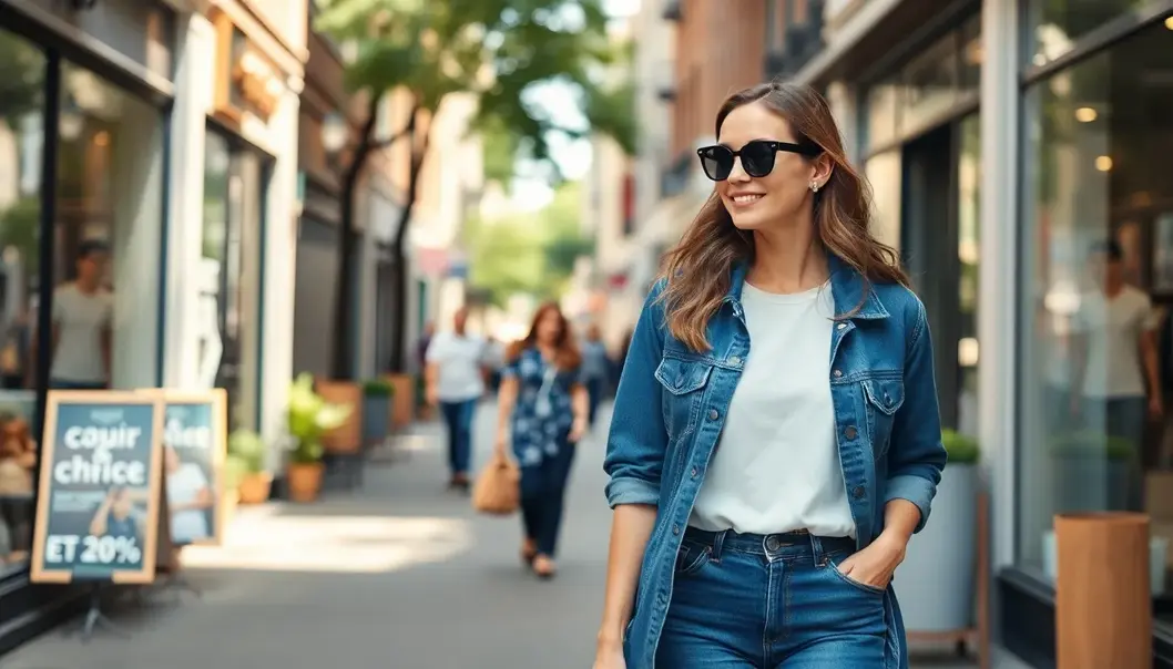 Chic Swaps: Elevate Your Style with Zero-Waste Fashion A stylish woman in sustainable and vintage attire walking in an eco-friendly shopping district.