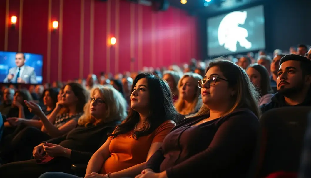 Critically Yours: Mastering the Art of Movie Reviews A diverse audience enjoying a film in a lively, inclusive movie theater.