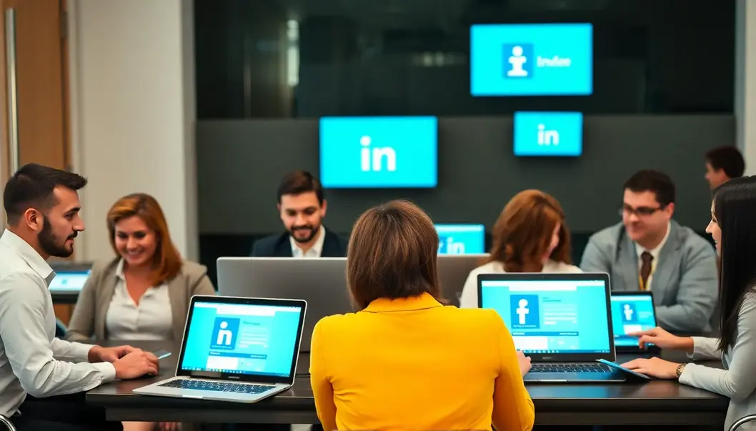 Mastering Your Personal Brand: LinkedIn for Busy Professionals Professionals using LinkedIn on devices, emphasizing networking and branding.