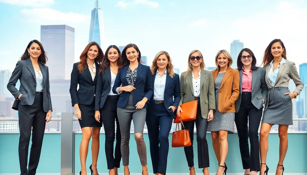 Elevate Your Style: Office Outfit Ideas for Modern Women Group of women in stylish office outfits showcasing diversity and modern fashion.